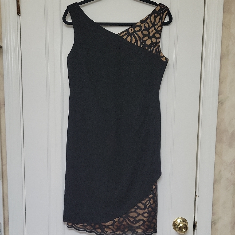 S.L. Fashions Elegant Black and Gold Asymmetrical Dress